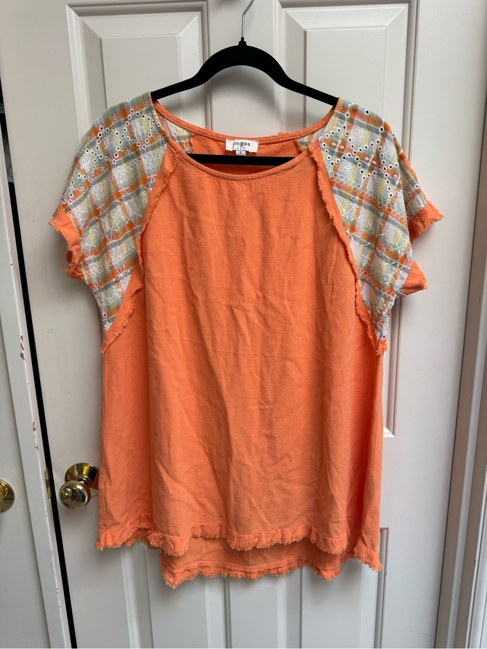 Umgee Orange Short Sleeve Shirt with Plaid Eyelet Sleeves